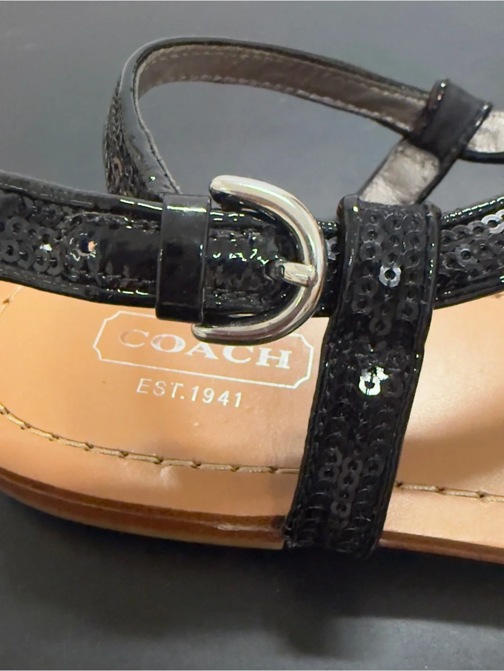 Coach Rolanda Black Leather T-Strap Sandals Size 7